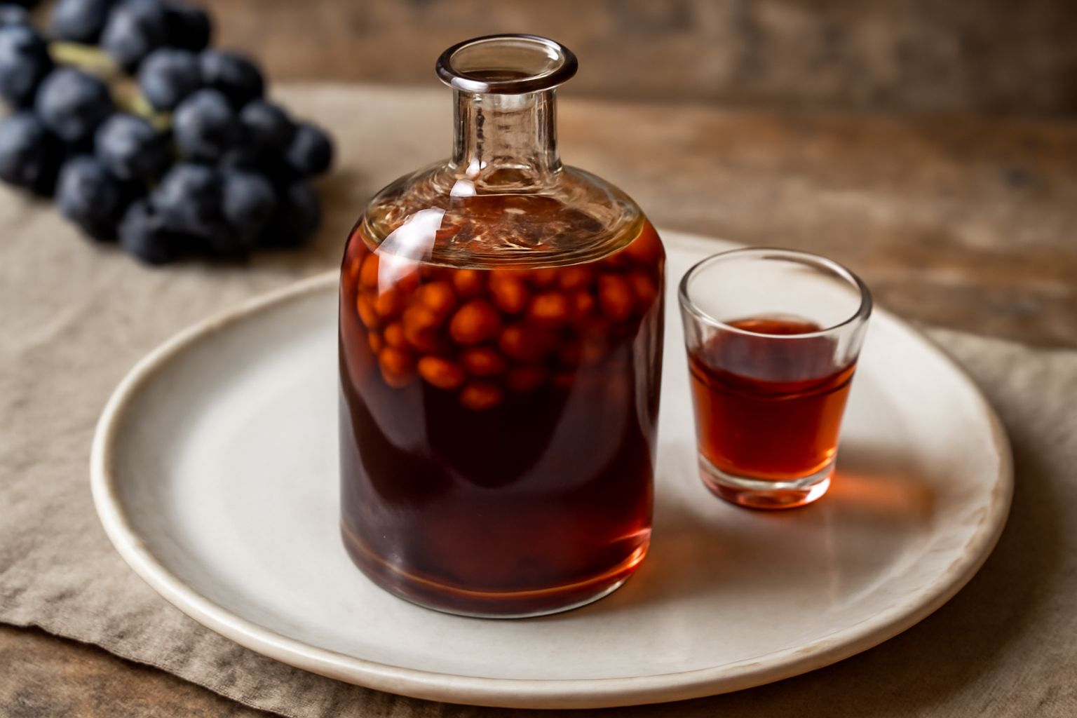 Bottiglia di vetro scuro con liquore di uva trasparente ambrato, acini d'uva fresca rossa e bianca su tavolo di legno con luce naturale, bicchierini di degustazione con il liquore servito
