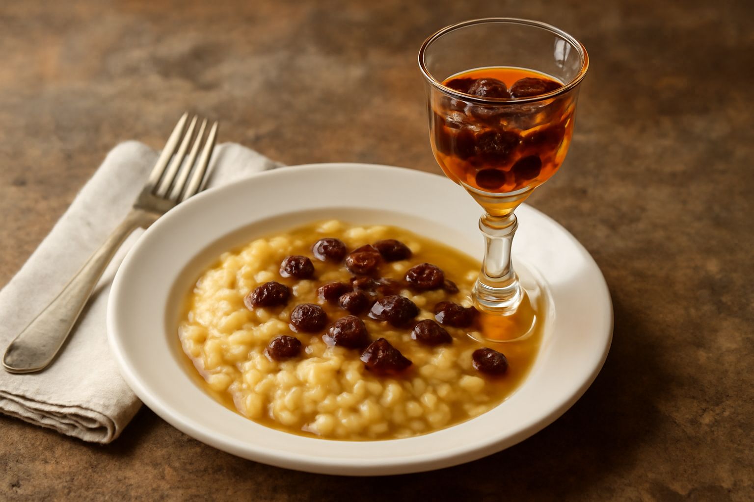 Bottiglia di vetro trasparente con liquore ambrato scuro, uvetta gonfia in sospensione, tappo di sughero, collocata su superficie di legno con un bicchierino pieno accanto