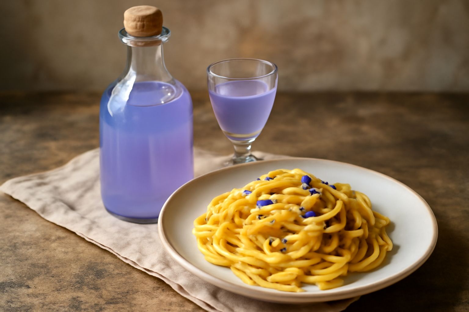 Bottiglia di vetro trasparente con liquore color viola pallido, fiori di violetta freschi intorno alla base, fondo bianco luminoso
