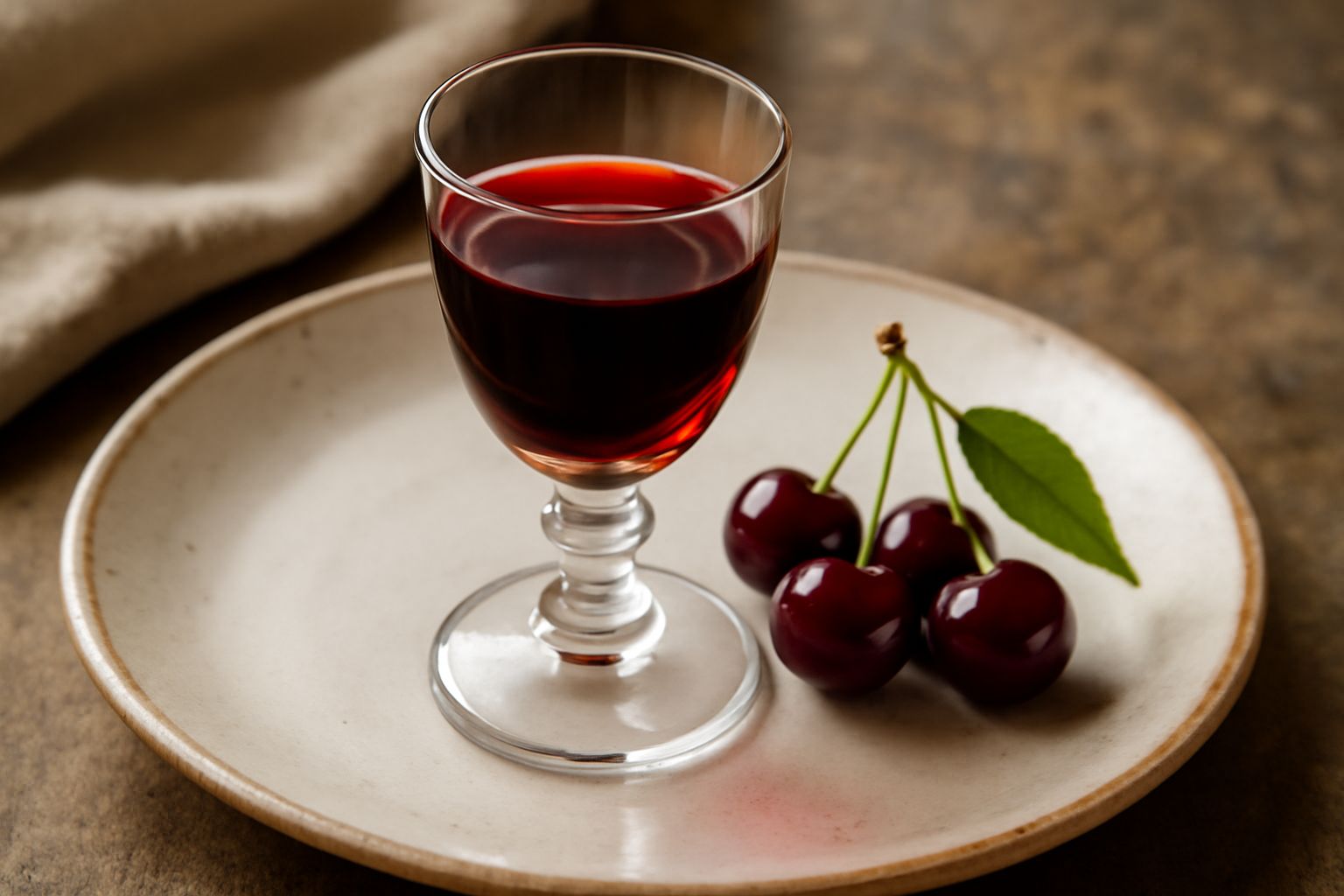Bicchiere di liquore di visciola dal colore rosso rubino intenso, trasparente, con sfondo bianco, accanto a poche visciole fresche rosse scure su tavolo di legno naturale
