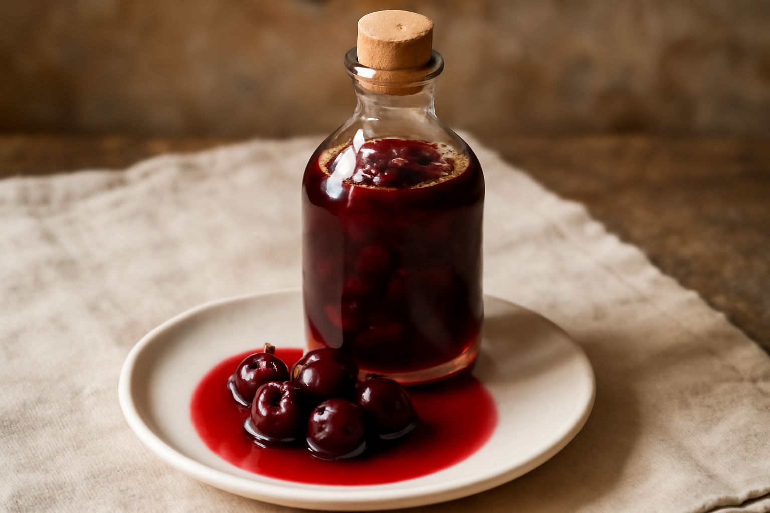 Bottiglia di vetro trasparente piena di liquore rosso scuro con visciole intere sommerse, tappata con tappo di sughero, su sfondo di legno scuro e poche visciole fresche rosse accanto