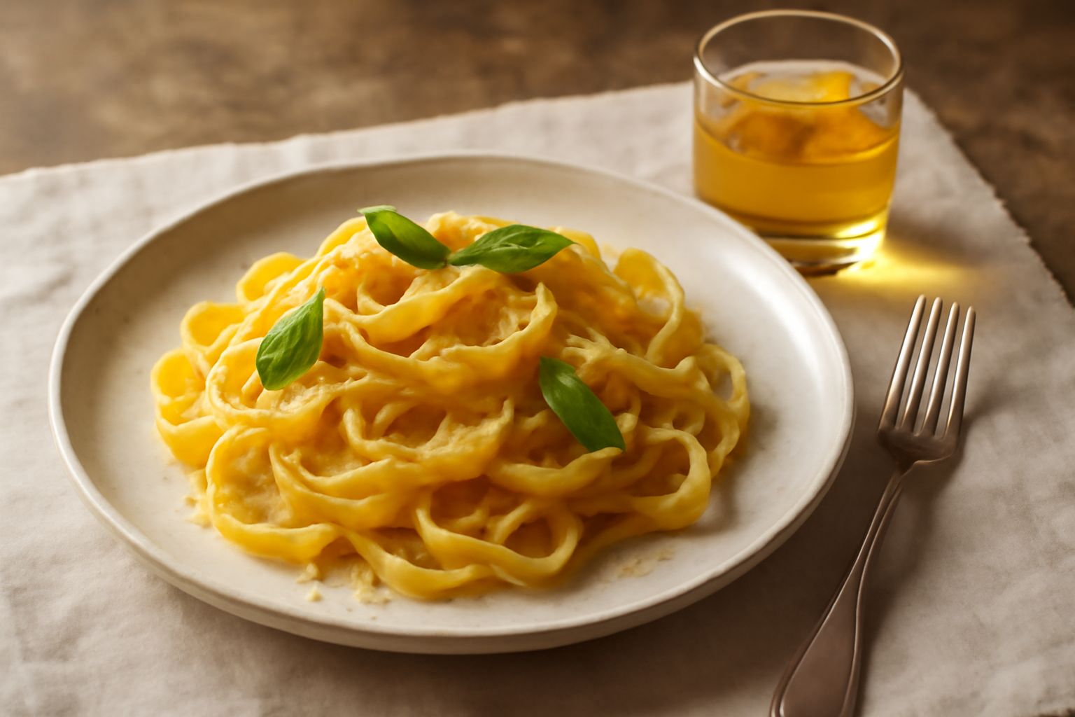 Liquore di zagara ambrato in bottiglia di vetro trasparente, con fiori d'arancio bianchi appena raccolti in un cestino di vimini accanto, su fondo di legno naturale