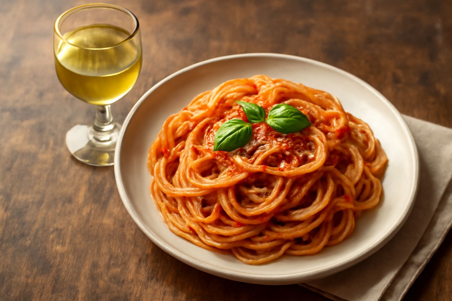 Bicchiere con liquore Strega di colore giallo brillante, bottiglia verde sullo sfondo, servito a temperatura ambiente con un cucchiaio d'argento di fianco e erbe aromatiche secche sul tavolo