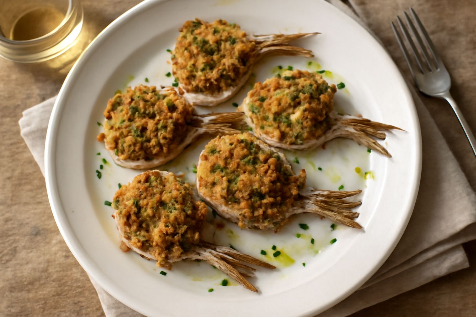 Spine di pesce ripiene di impasto chiaro su un piatto bianco, cosparse di prezzemolo fresco tritato, con limone affettato a lato