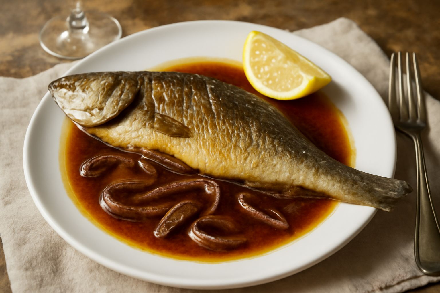 Branzino intero dorato in un piatto bianco, coperto di salsa scura con acciughe, aglio e olio, contornato da limone affettato e prezzemolo fresco