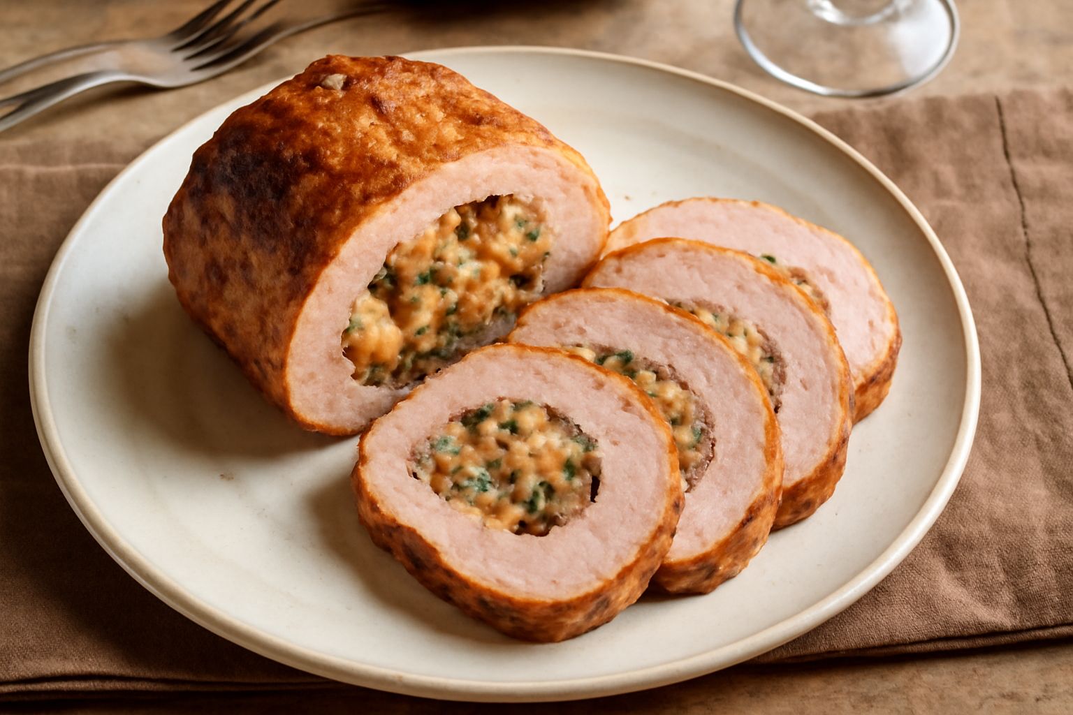 Lombata di maiale ripiena affettata, con sezione visibile del ripieno di pane e verdure, appoggiata su piatto bianco con contorno di verdure grigliate e limone fresco