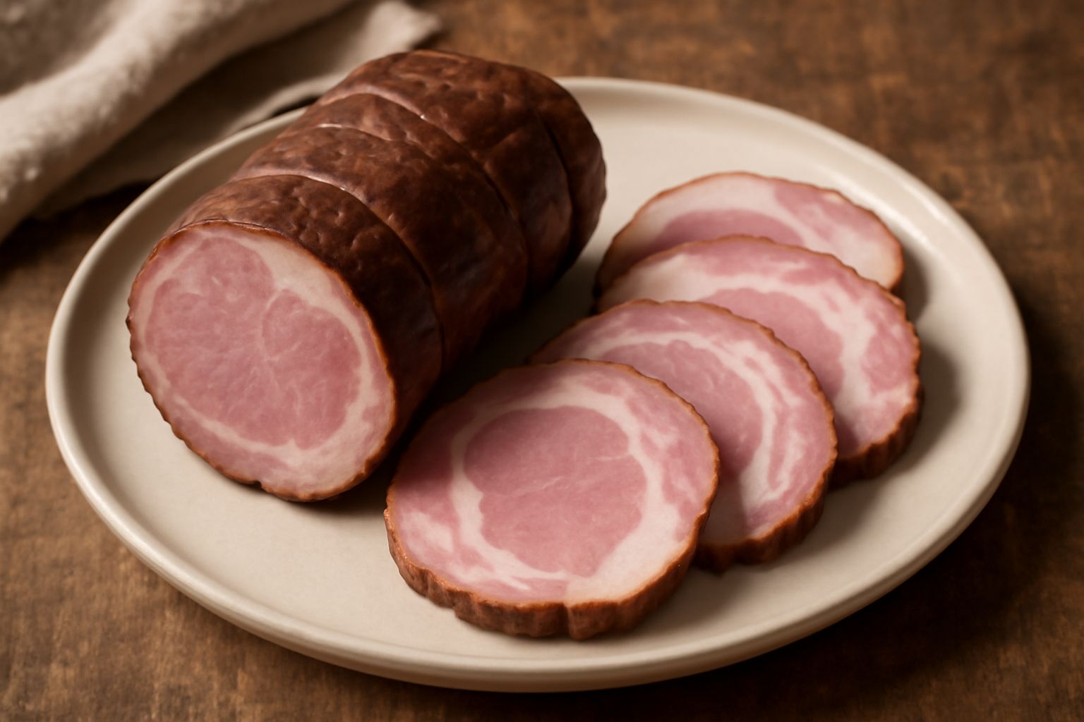 Lonza affumicata affettata su un tagliere di legno, con anelli di grasso rosa-bianco ben visibili sulla sezione, sfondo neutro grigio