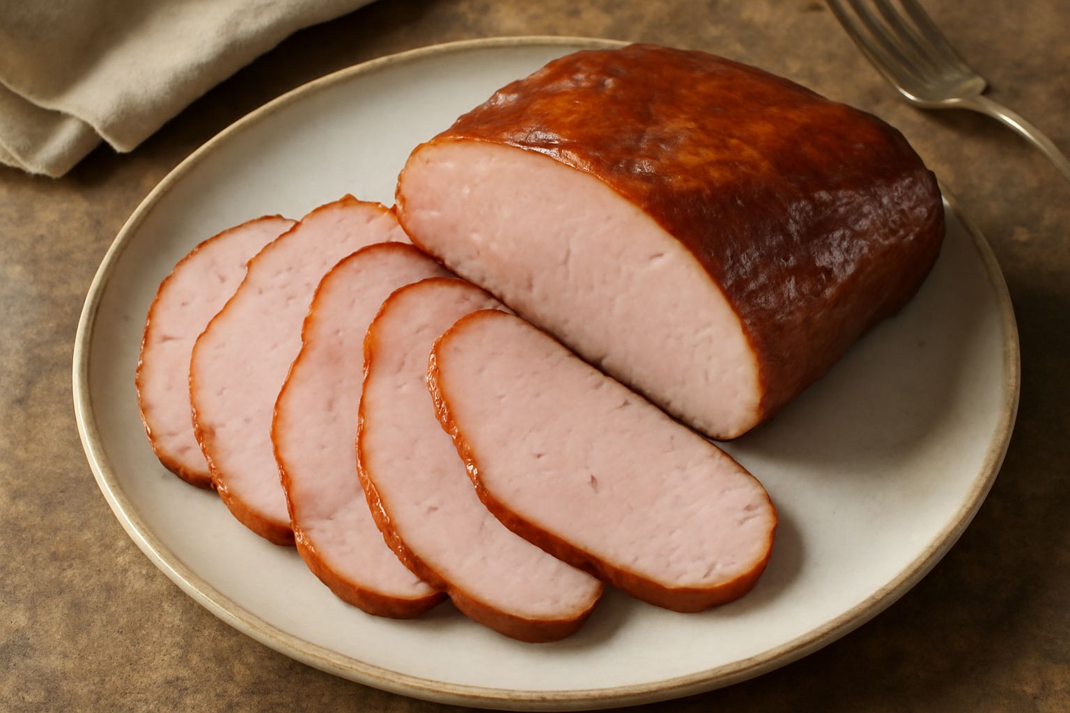 Fette di lonza di maiale affumicata dal colore rosato scuro con sfumature marroni, disposte a ventaglio su un piatto bianco, con una trama di fumo visibile sulla superficie della carne.