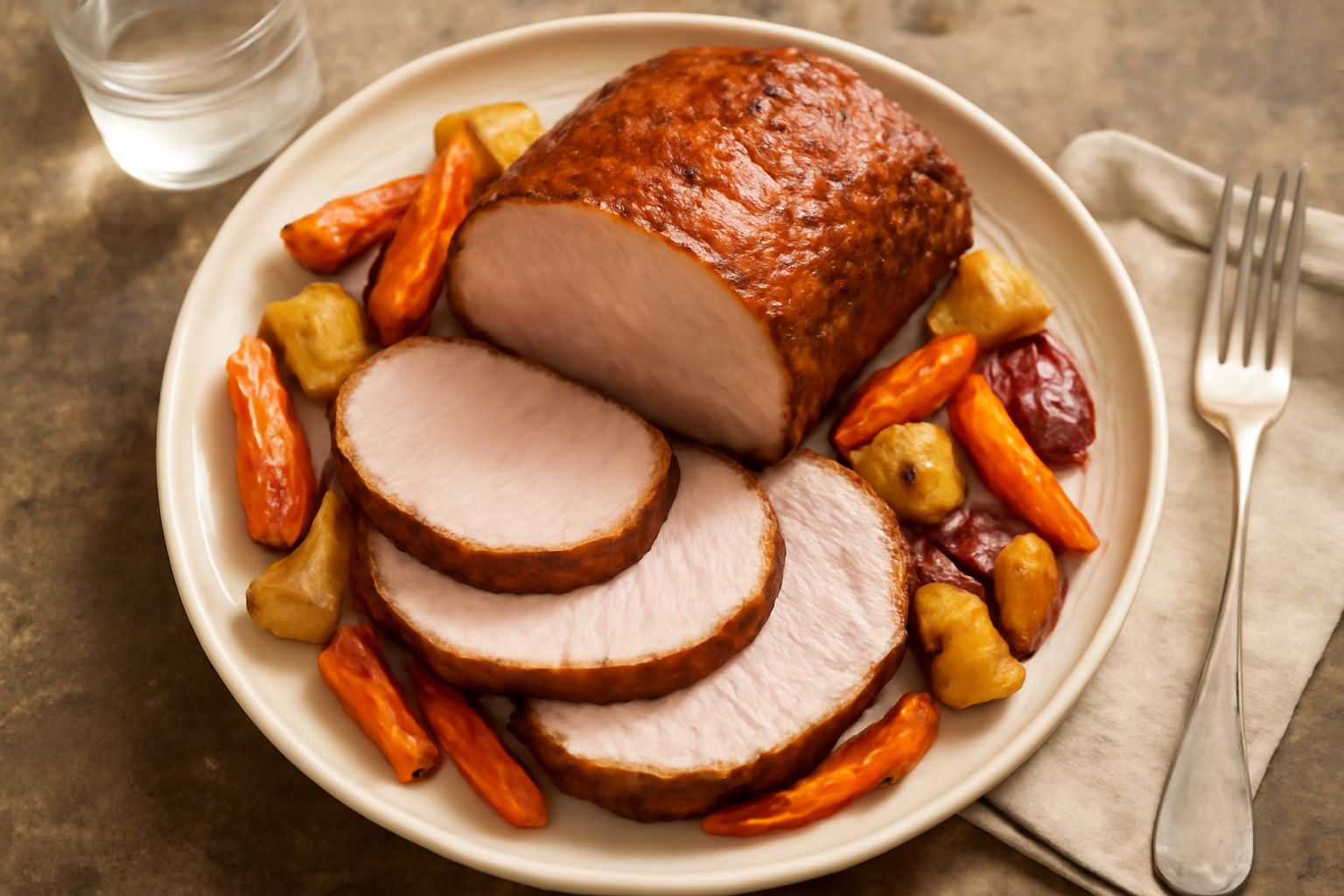 Lonza di maiale affettata su un piatto bianco con contorno di verdure radicate caramellate e pan di spezie, superficie lucida e colore marrone dorato