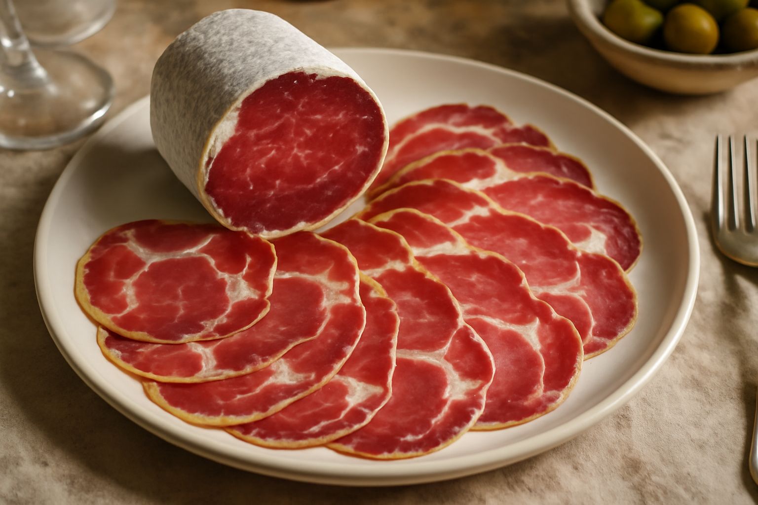 Fette sottili di lonza rossa con marezzatura bianca disposte a ventaglio su un piatto bianco, accompagnate da pane tostato e fette di formaggio bianco