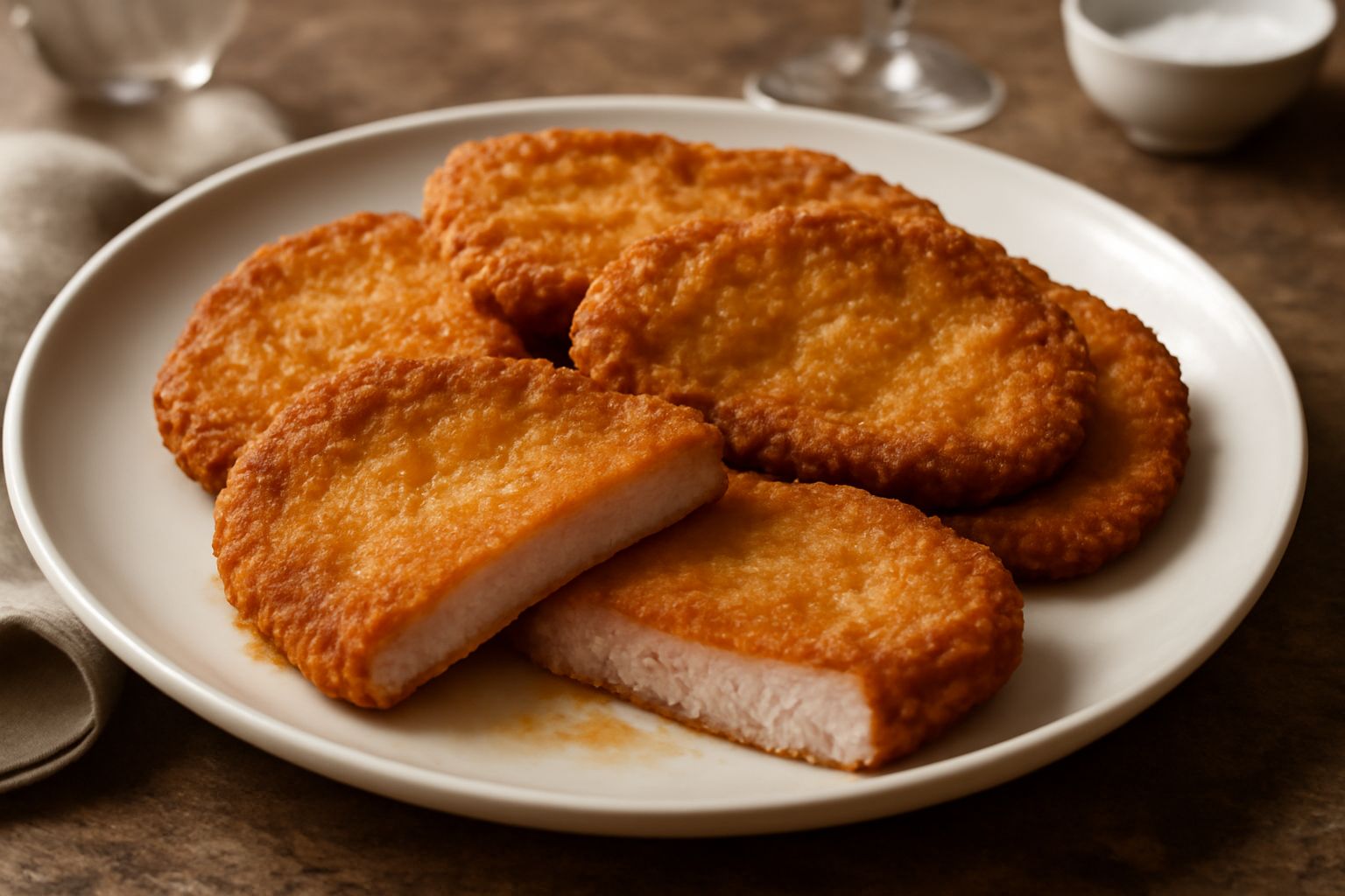 Lonza fritta dorata e croccante disposta su piatto bianco, con buccia croccante marrone chiaro e interno appena rosato, contornata da sale grosso e foglia di rosmarino