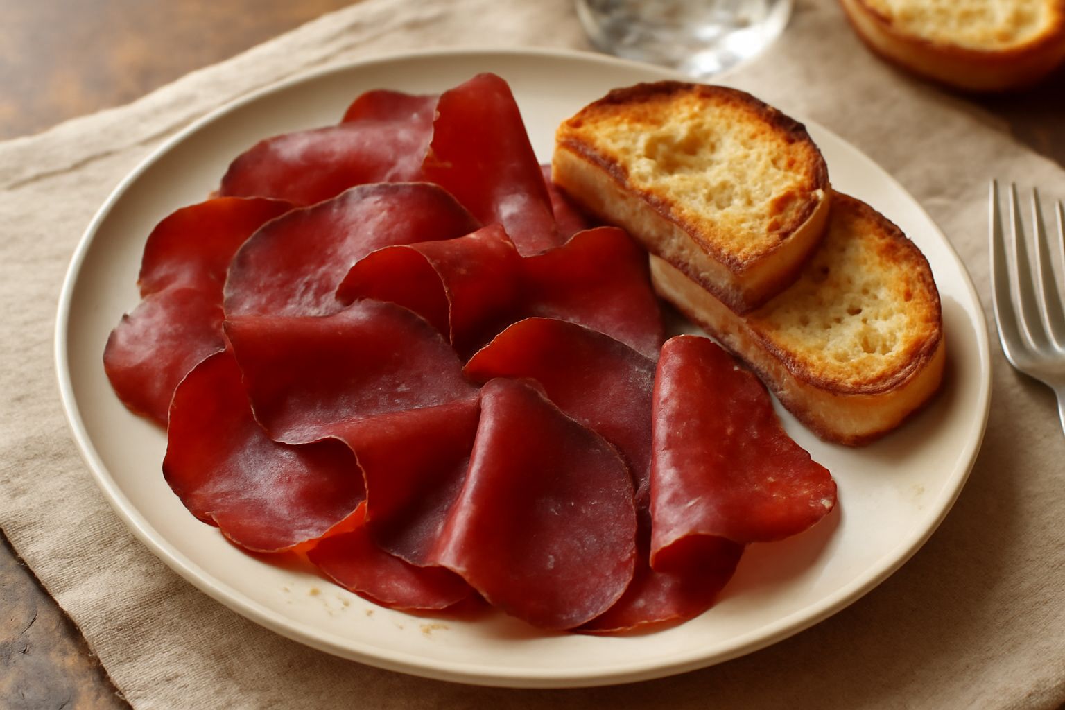 Lonza friulana affettata sottile su un piatto bianco, colore rosso bruno uniforme, fette trasparenti ripiegate leggermente, contorno di pane tostato e aghe di rosmarino