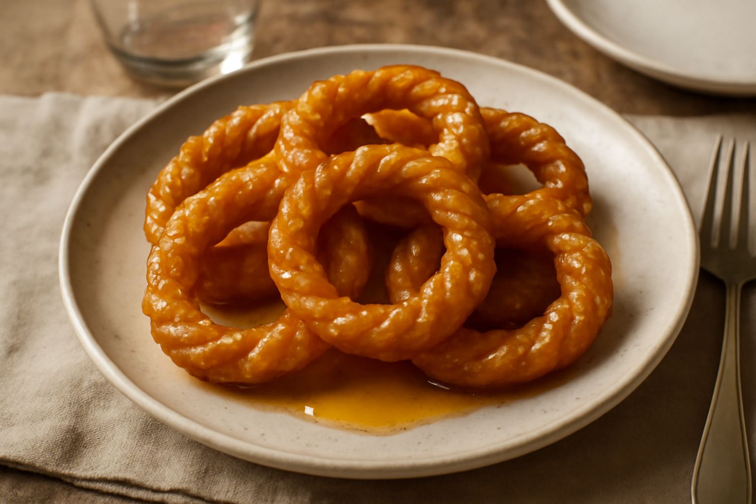 Lorighittas dorate e croccanti ricoperte di miele trasparente, intrecciate a forma di ciambella, servite in piatto bianco con fondo sfocato