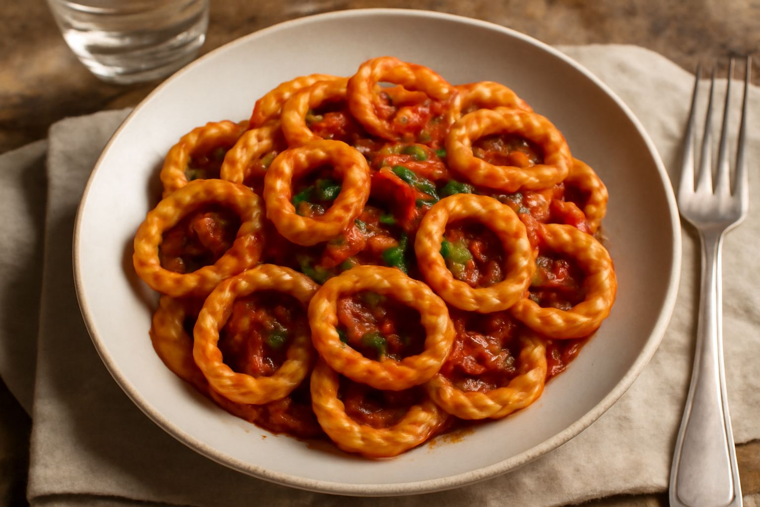 Lorighittas dorate su un piatto bianco, forma di anelli intrecciati e rotondi, buccia croccante lucida color ambra, depositate su un fondo di sugo rosso o crema, con una foglia di prezzemolo verde a f