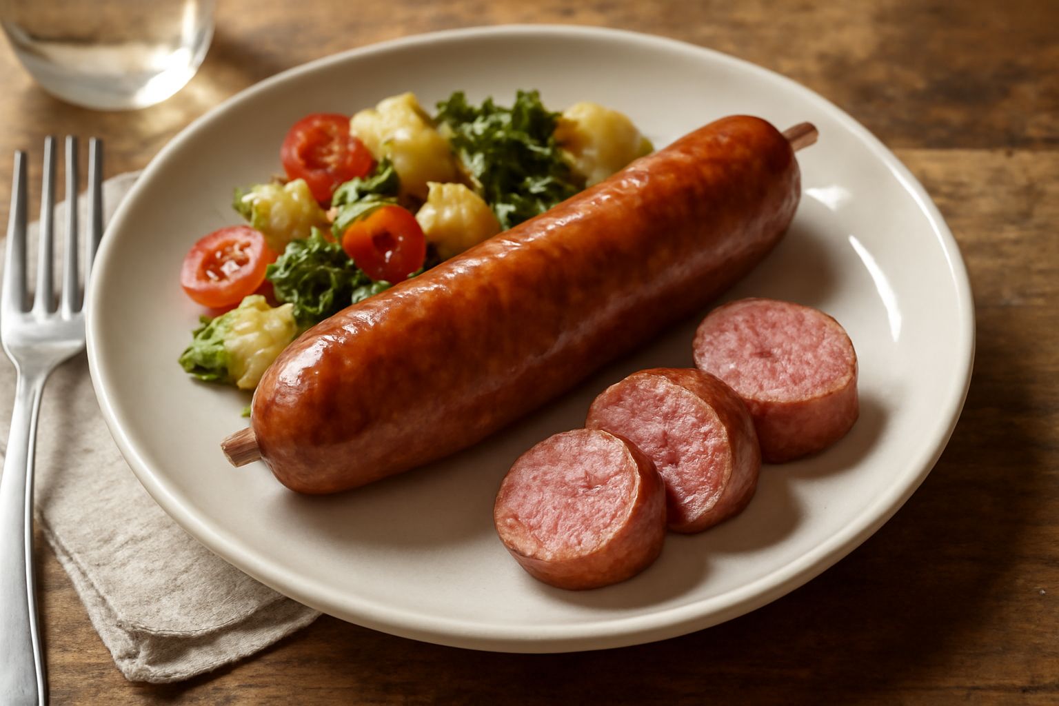 Lucanica barese appena cotta in un piatto bianco, dorata e leggermente affumicata, con tracce di olio lucido sulla superficie, contornata da prezzemolo fresco verde e una fetta di limone giallo