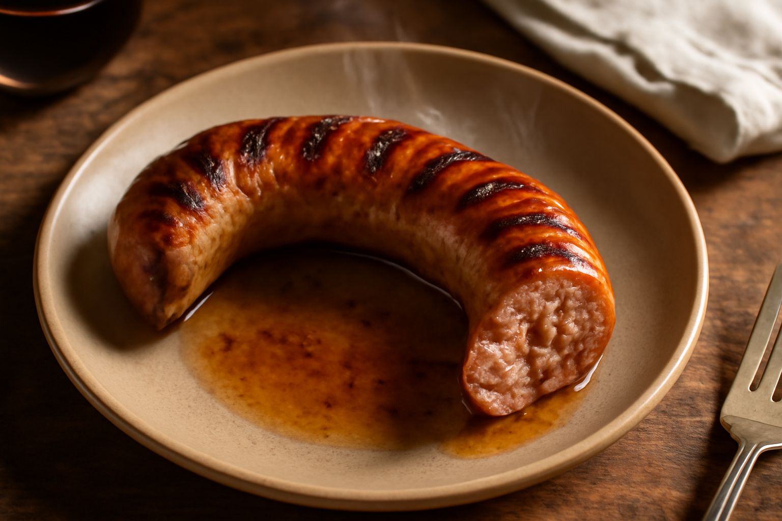 Tre lucaniche fresche grigliate su griglia di ferro rovente, con segni di fiamma, pelle dorata e lucida, servite su piatto bianco con limone a spicchi e erbe aromatiche fresche