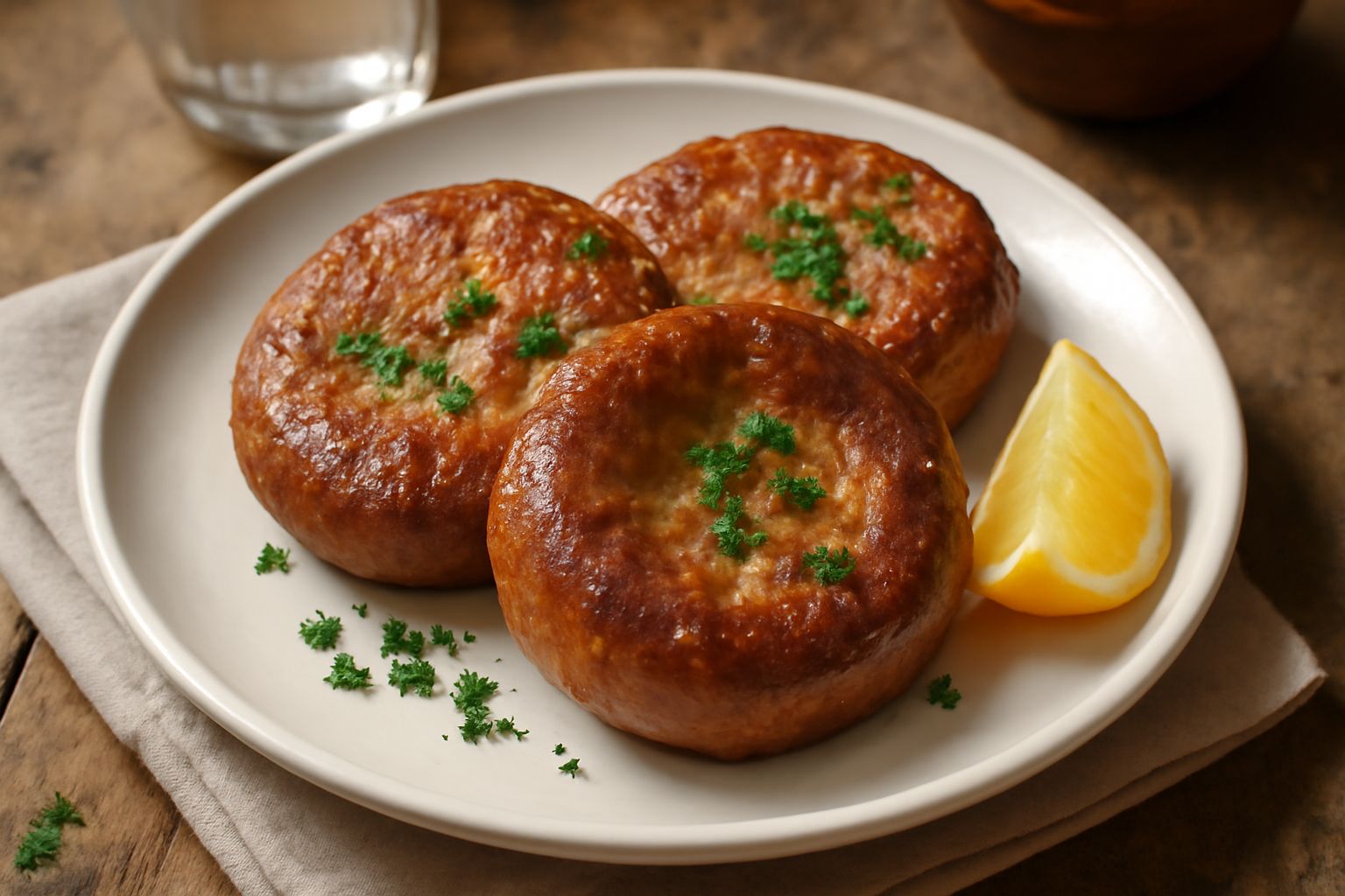 Lucanica fritta dorata e croccante nel piatto bianco, con bolla d'olio lucida sulla superficie, contorno di prezzemolo fresco tritato, fondo neutro