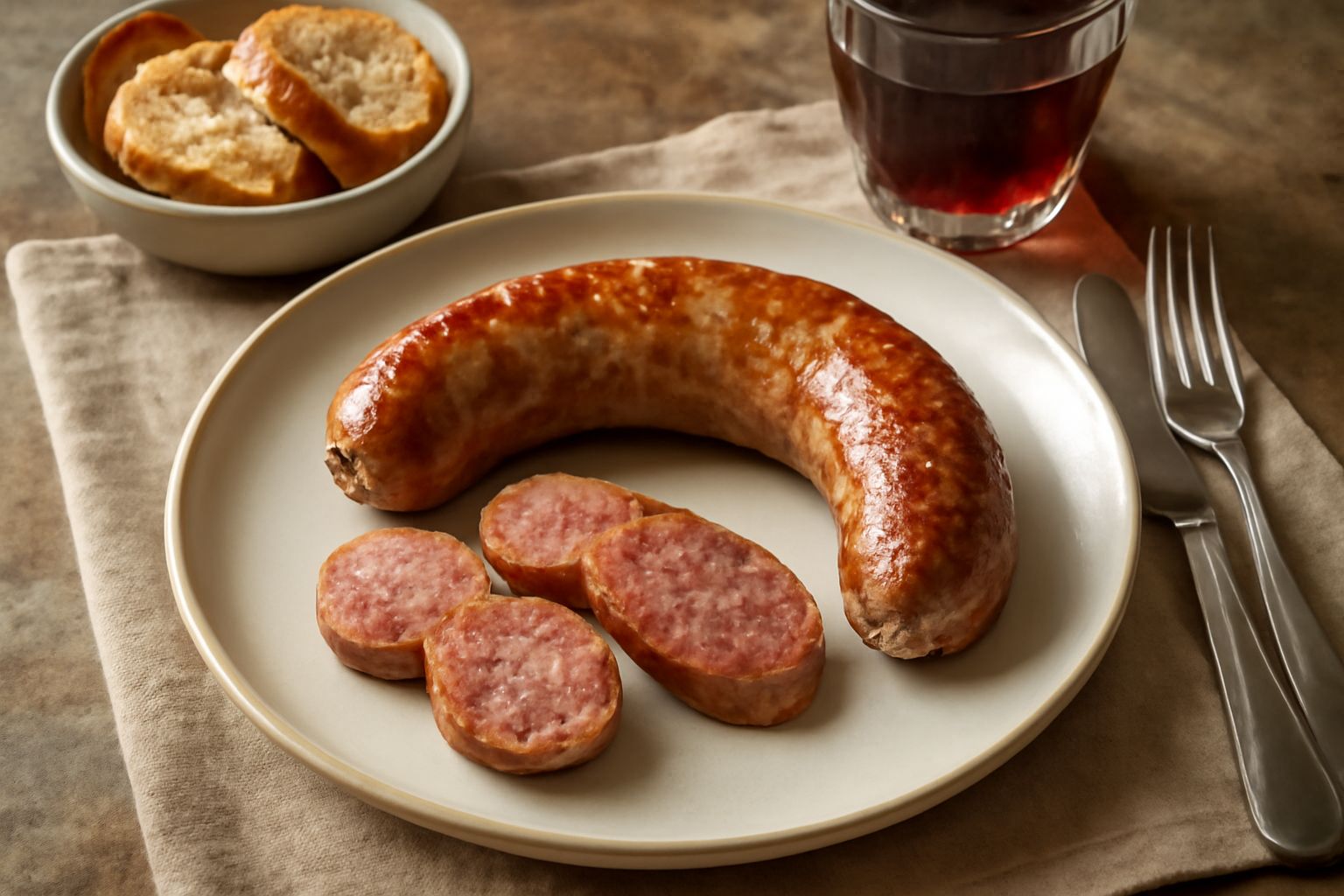 Lucanica friulana cruda e cotta su piatto bianco, salsiccia rosa pallido con trama visibile della carne macinata, accompagnata da erbe aromatiche fresche e spicchi di aglio