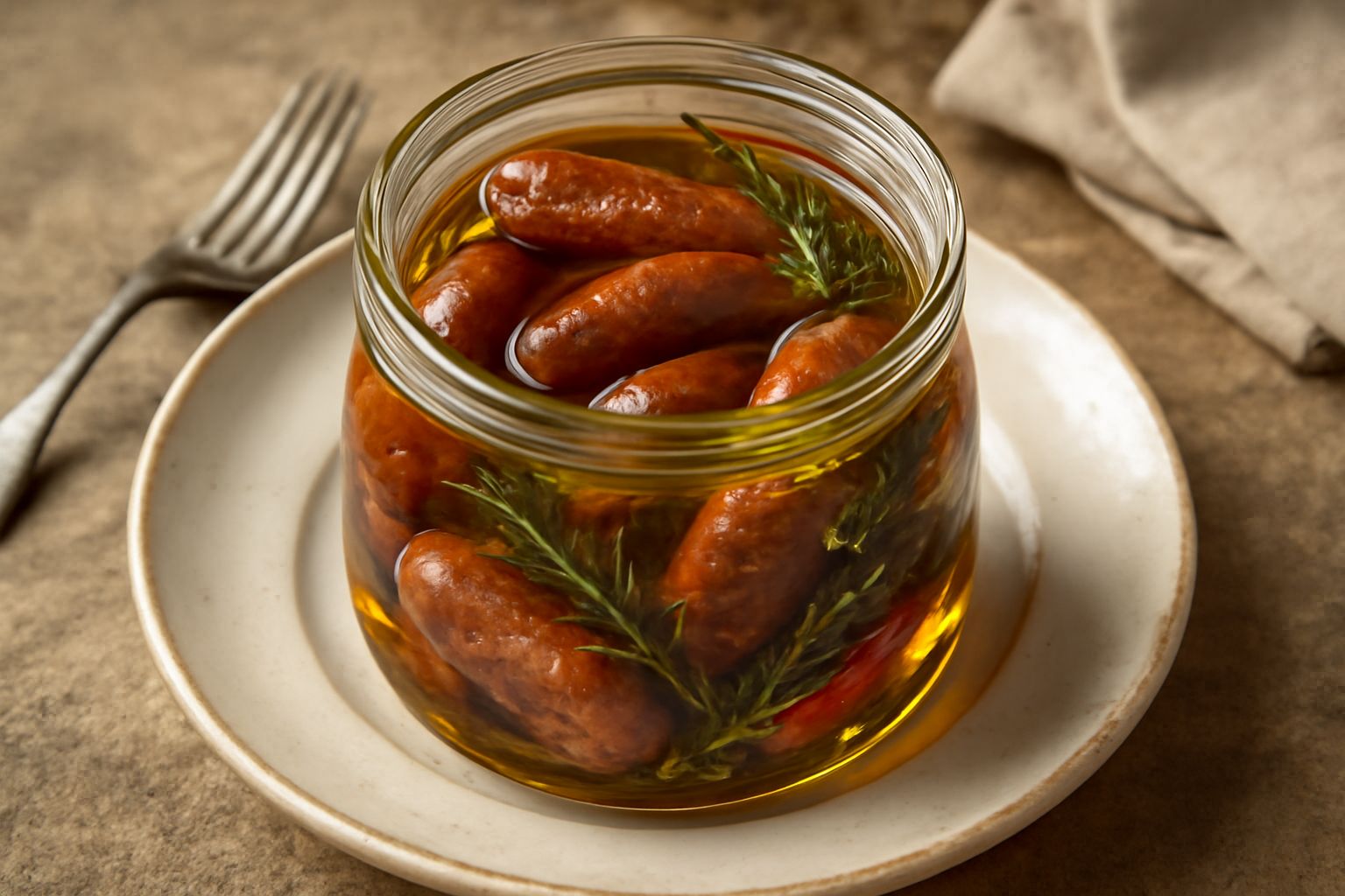Salsicce brunastre e lucide disposte in un barattolo di vetro coperte da olio trasparente con rametti di rosmarino, timo e peperoncini rossi, sfondo di legno scuro