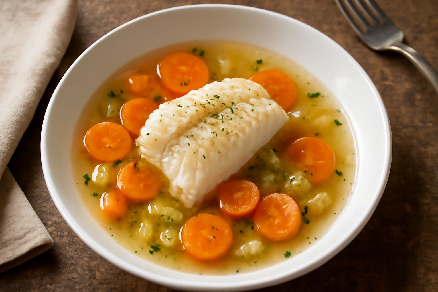 Filetto di lucc bianco e compatto in umido, impiattato in un piatto fondo bianco con brodo trasparente, accanto carote tagliate a julienne e una foglia di prezzemolo fresco