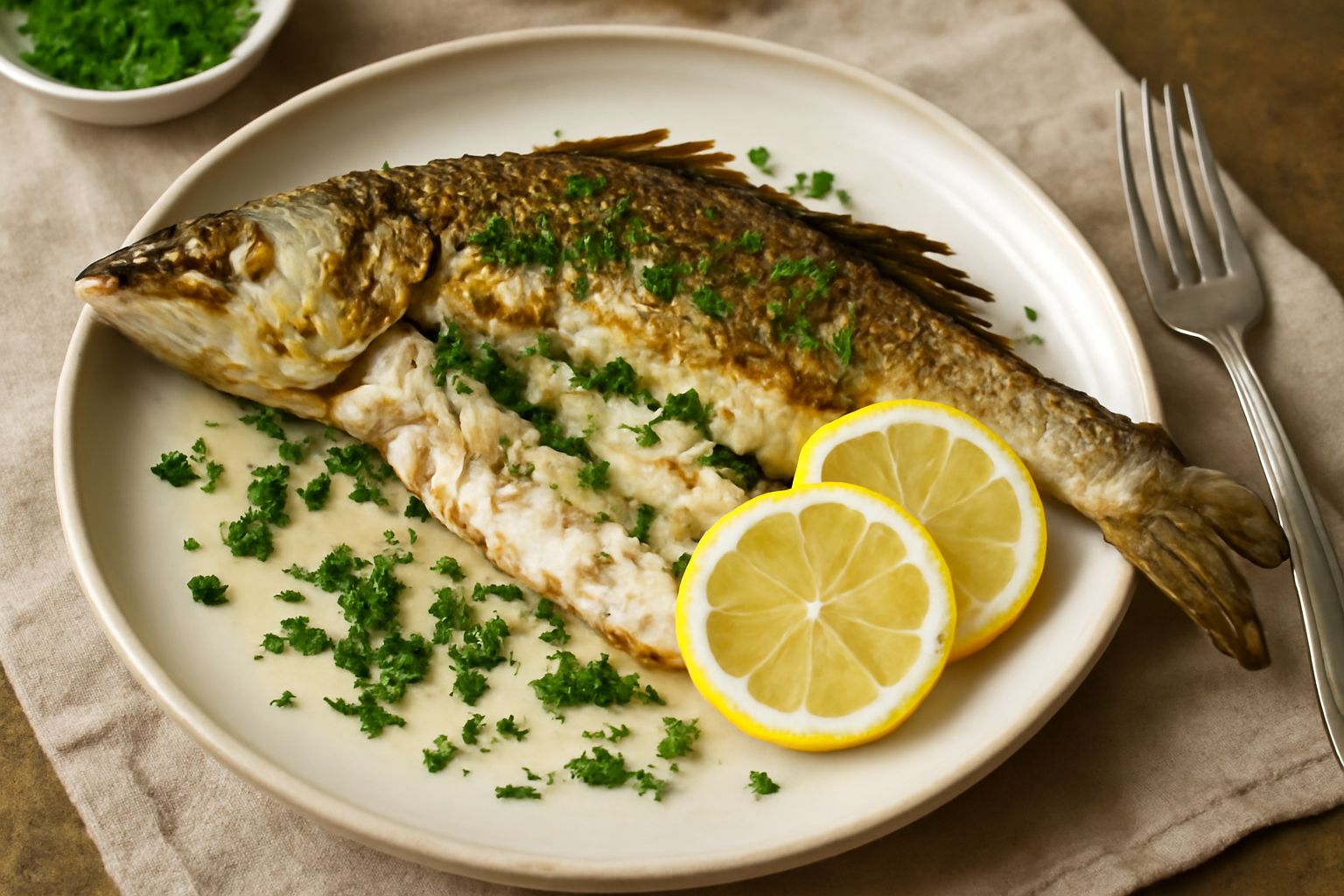 Due lucci interi al forno su vassoio di ceramica bianca, pelle dorata e croccante, contornati da limone tagliato a fette, prezzemolo fresco e olio d'oliva lucido