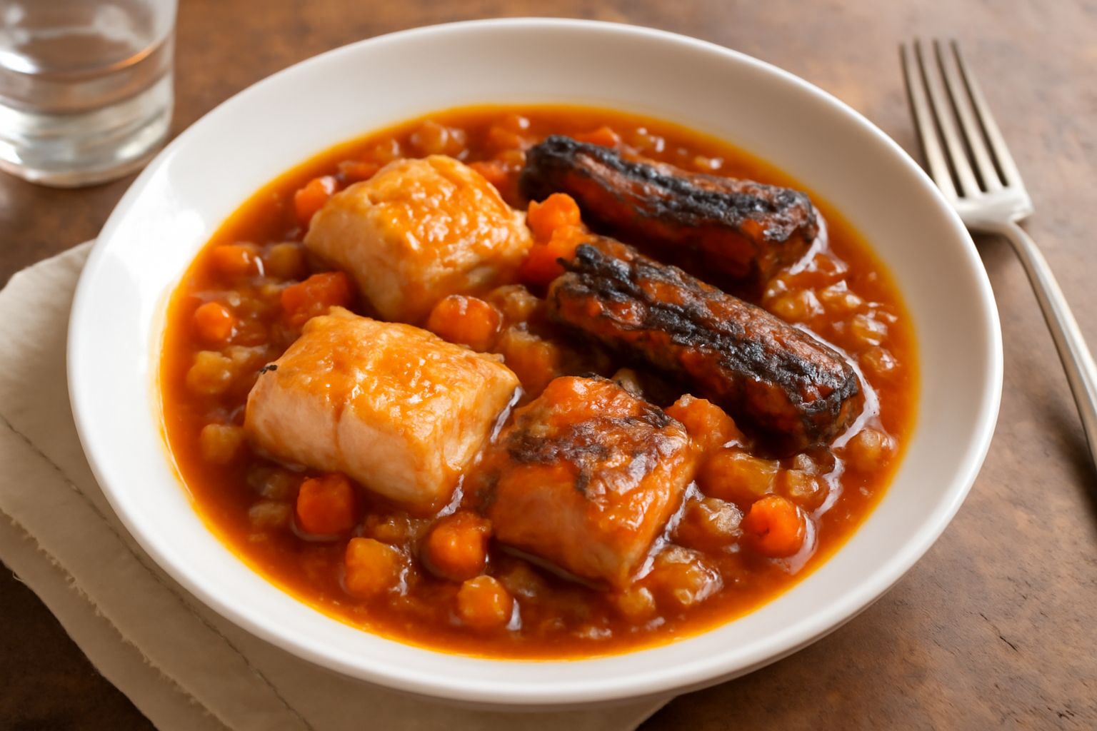 Lucci e anguille a pezzi stufati in una pentola di terracotta con verdure tagliate, cipolla dorata, carota e sedano, brodo trasparente che copre parzialmente il pesce, guarnizione di prezzemolo fresco