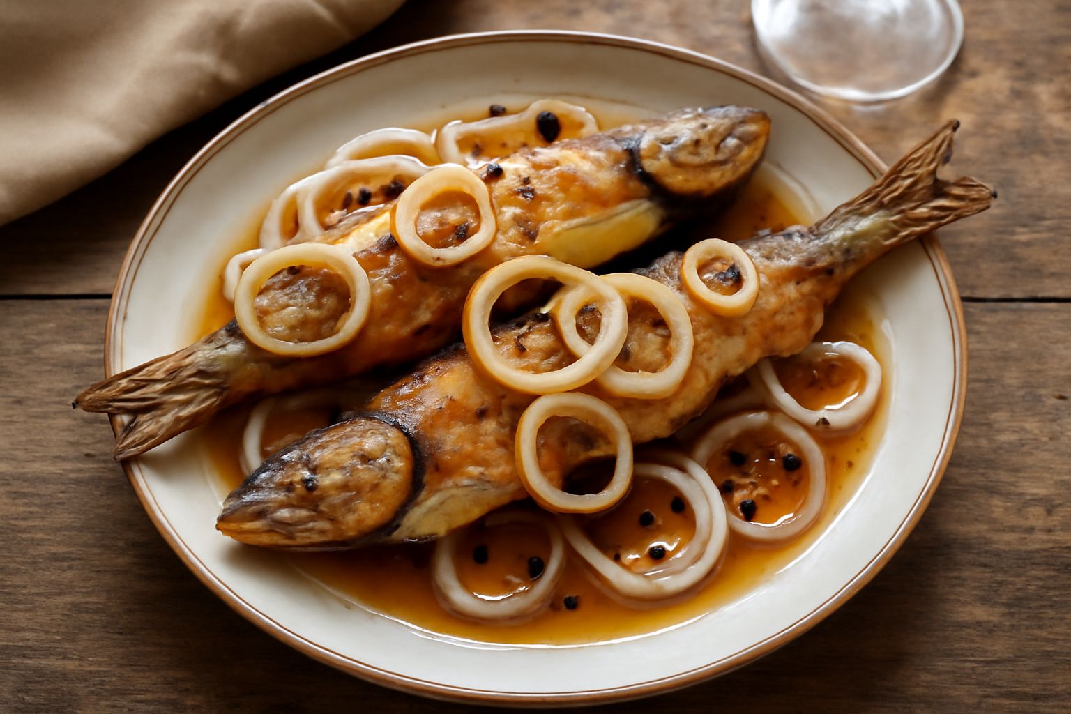 Lucci interi dorati in un piatto bianco, ricoperti di marinatura color ambra con anelli di cipolla trasparente, fette di limone giallo e piccoli peperoncini rossi sparsi in superficie