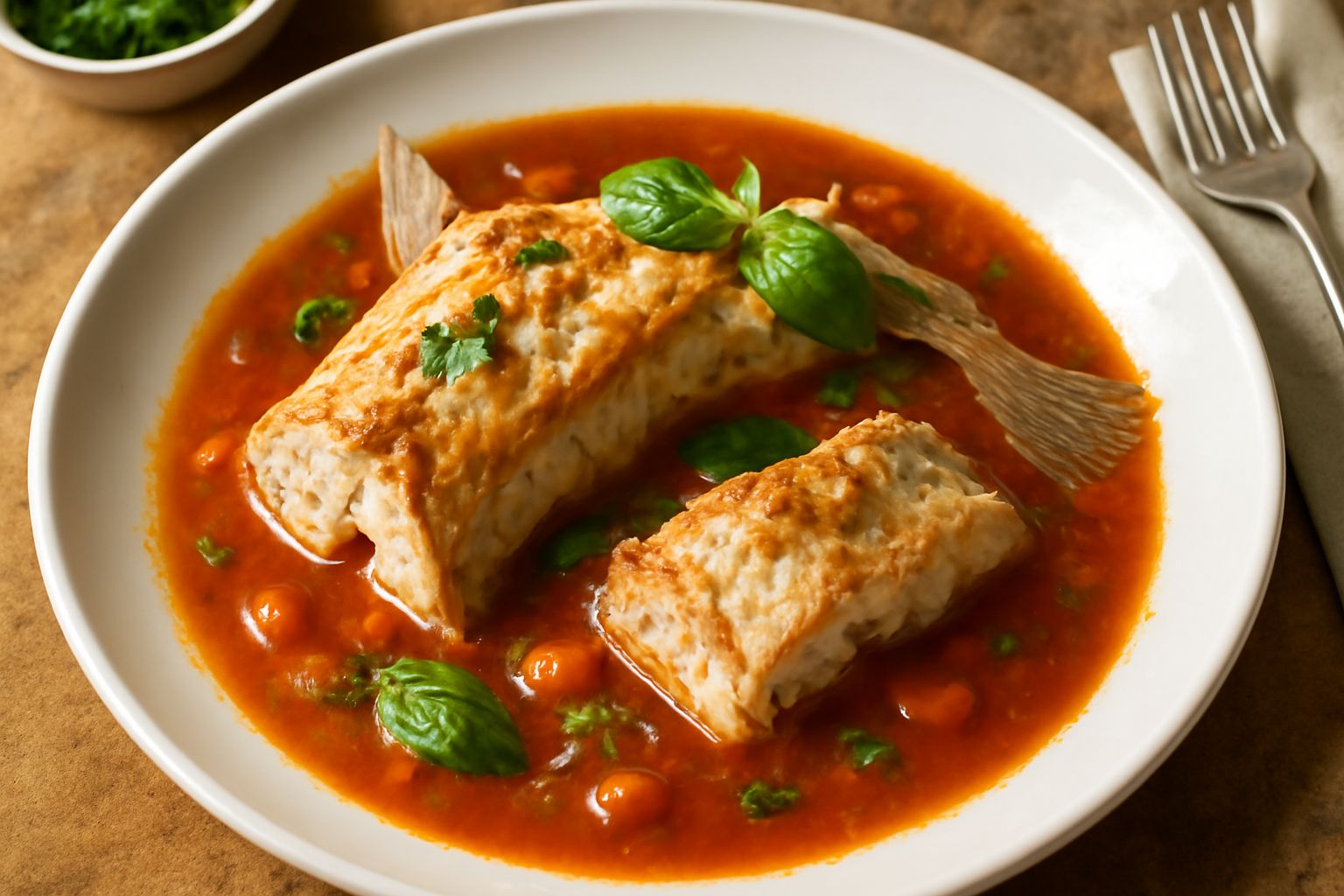 Lucci in salsa di pomodoro serviti in un piatto bianco, ricoperti di salsa rossa con basilico fresco, contornati da sedano e carota, con il brodo visibile