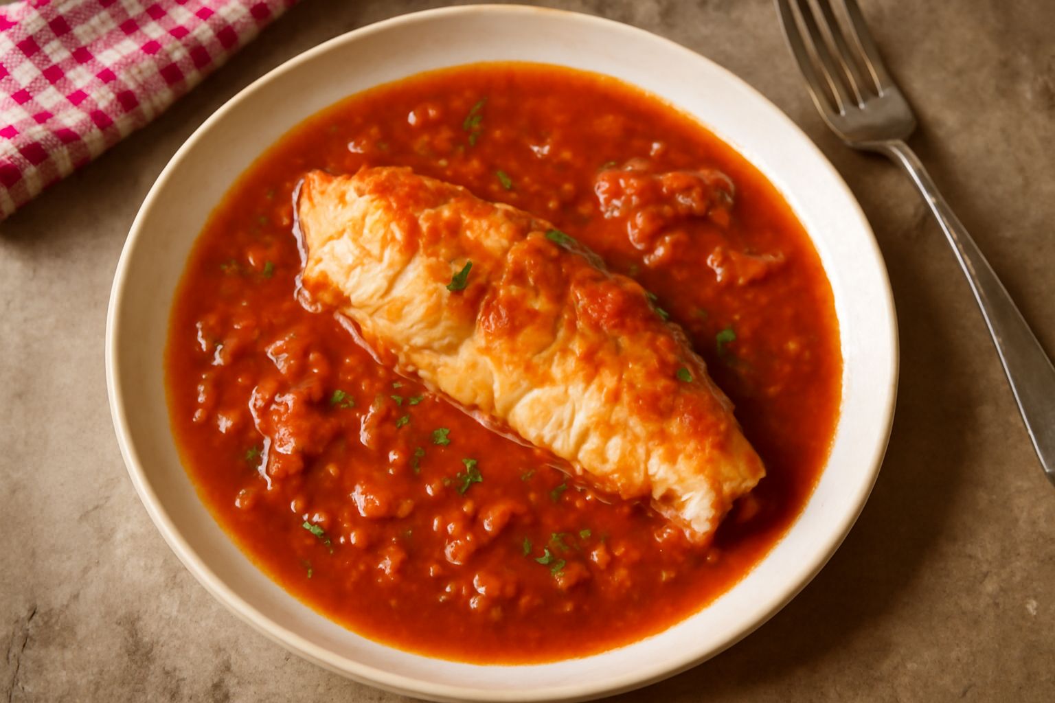 Piatto di ceramica bianca con due pezzi di luccio in umido, ricoperti di sugo rosso pomodoro, guarniti con prezzemolo fresco tritato, con contorno di verdure cotte e pane tostato sul bordo