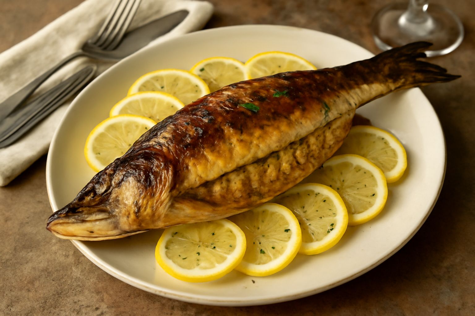 Lucio intero ripieno cotto al forno, dorato in superficie, contornato da limone fresco e prezzemolo verde, servito in un piatto bianco con contorno di verdure grigliate