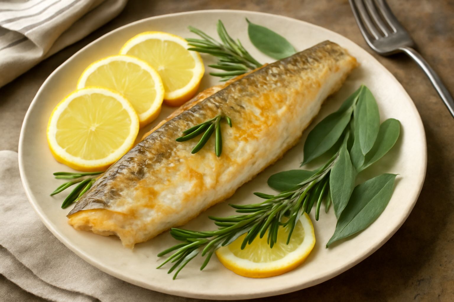 Luccio intero dorato al forno in pirofila, contornato da fette di limone giallo, rametti di rosmarino fresco e salvia, con buccia leggermente croccante e vapore che sale dalla carni bianche
