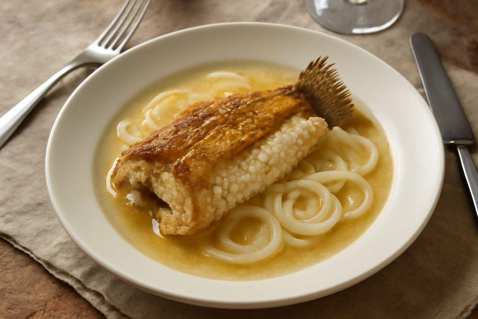 Luccio cotto in umido intero o a filetti, di colore marrone dorato, in un piatto fondo con salsa trasparente all'aceto, cipolla morbida e prezzemolo fresco, contorno di polenta bianca o pane tostato