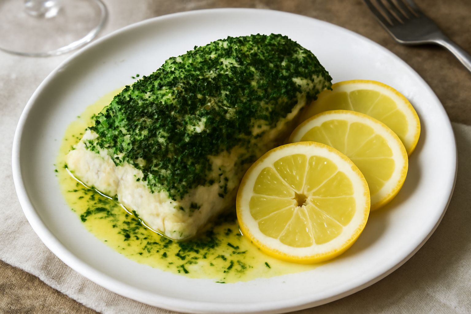 Luccio intero o in filetto dorato cotto al forno, adagiato su un letto di erbe fresche verdi (prezzemolo, aneto, salvia), con limone affettato sui lati, impiattato su un piatto bianco con contorno di 