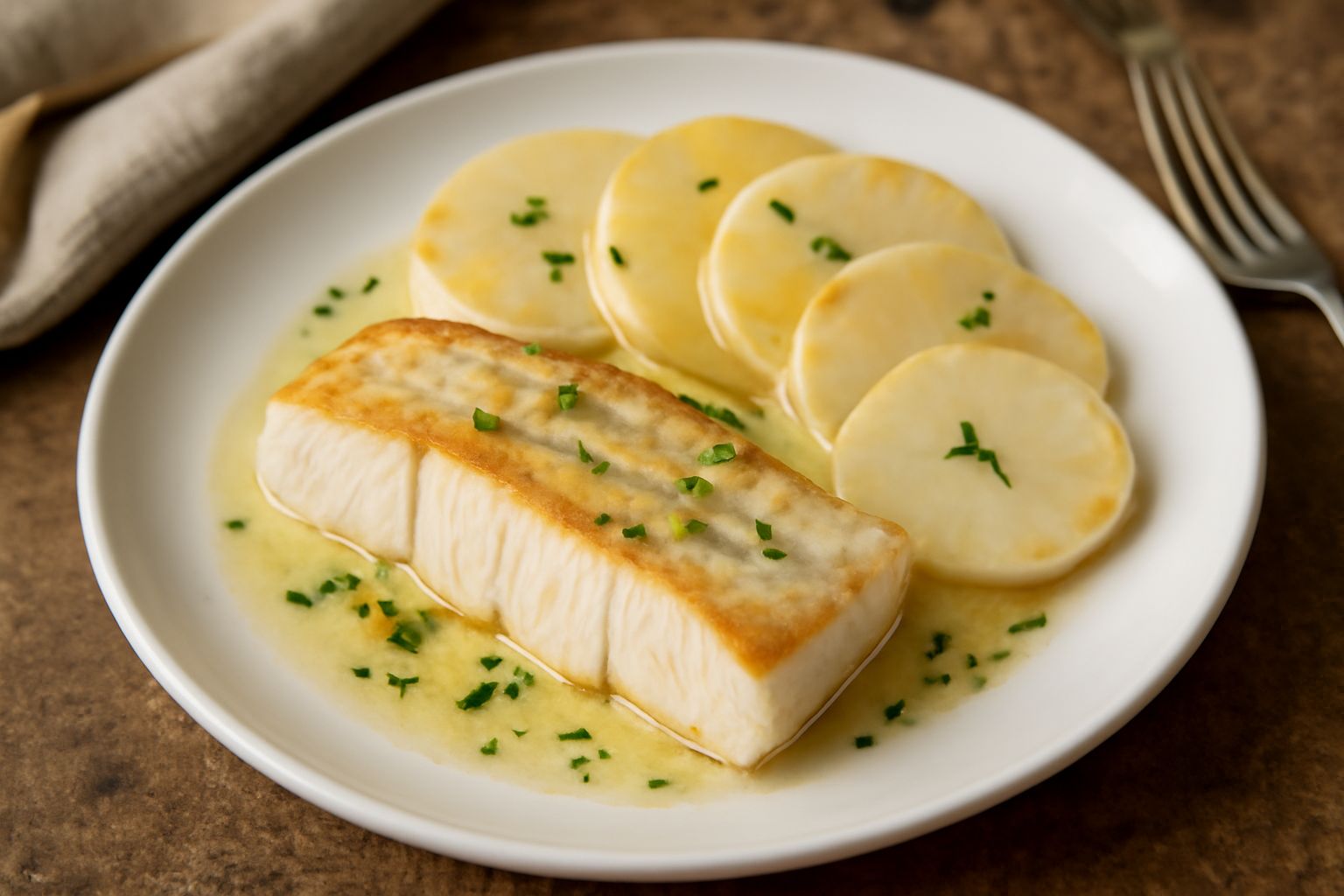 Filetto di luccio dorato su letto di rapa bianca tagliata a fette sottili, con olio d'oliva lucido in superficie, limone e prezzemolo fresco su piatto bianco