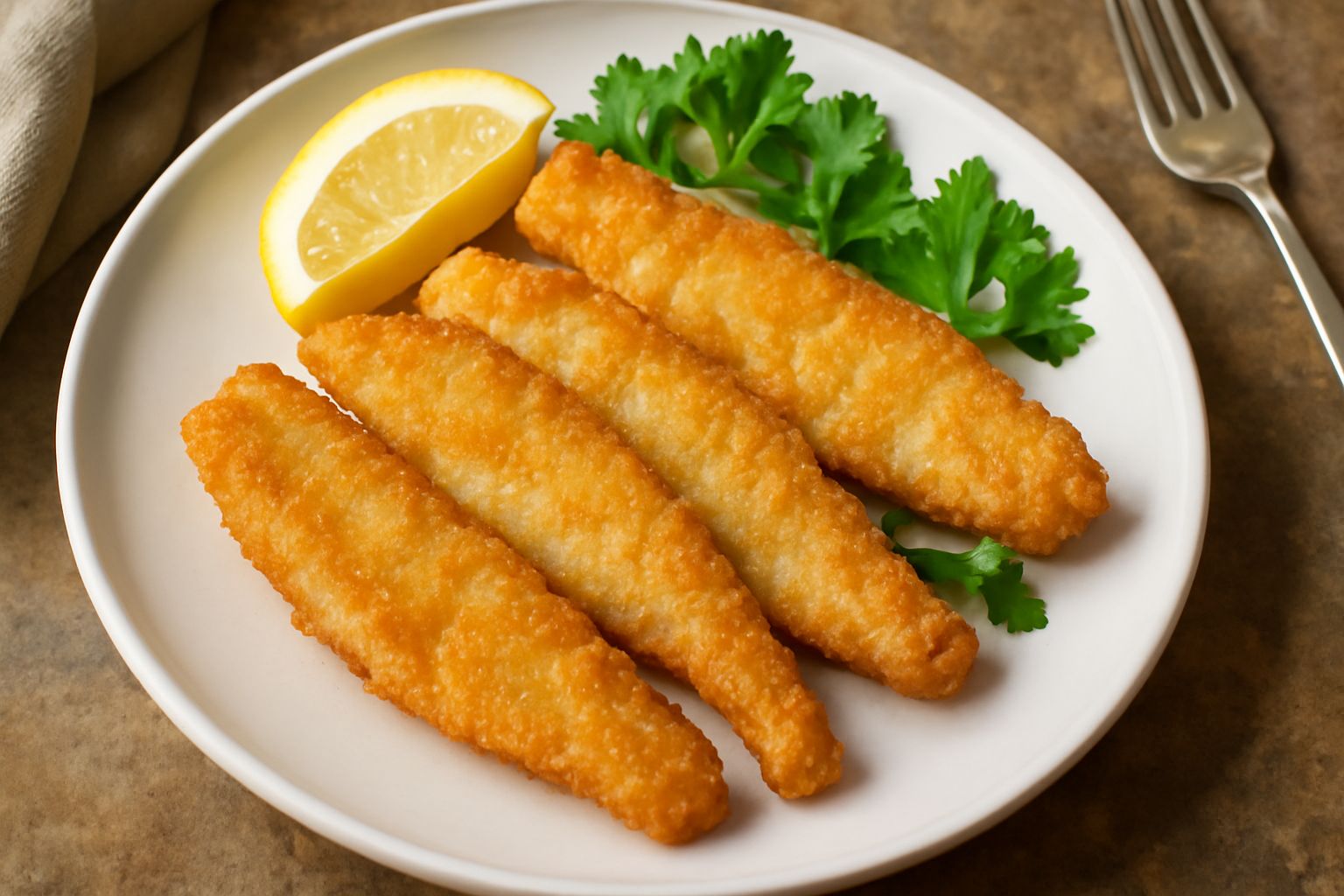 Filetti di luccio fritto dorati e croccanti disposti su un piatto bianco con limone tagliato a spicchi, contorno di insalata fresca verde e olio d'oliva in una ciotola bianca