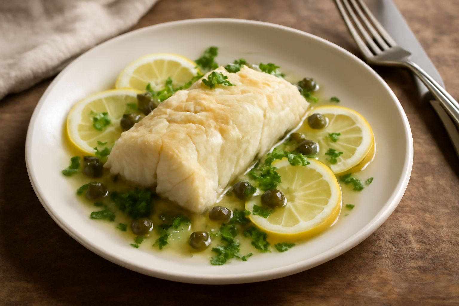 Filetto di luccio bianco e delicato su piatto bianco, guarnito con fetta di limone, prezzemolo fresco e contorno di patate bollite; vapore appena visibile dal pesce caldo