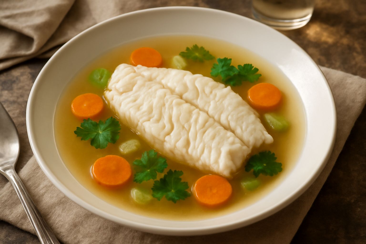 Piatto di luccio in brodo presentato in ciotola bianca: filetti di pesce bianco in brodo trasparente con carote, sedano e prezzemolo fresco, accompagnato da fette di pane tostato