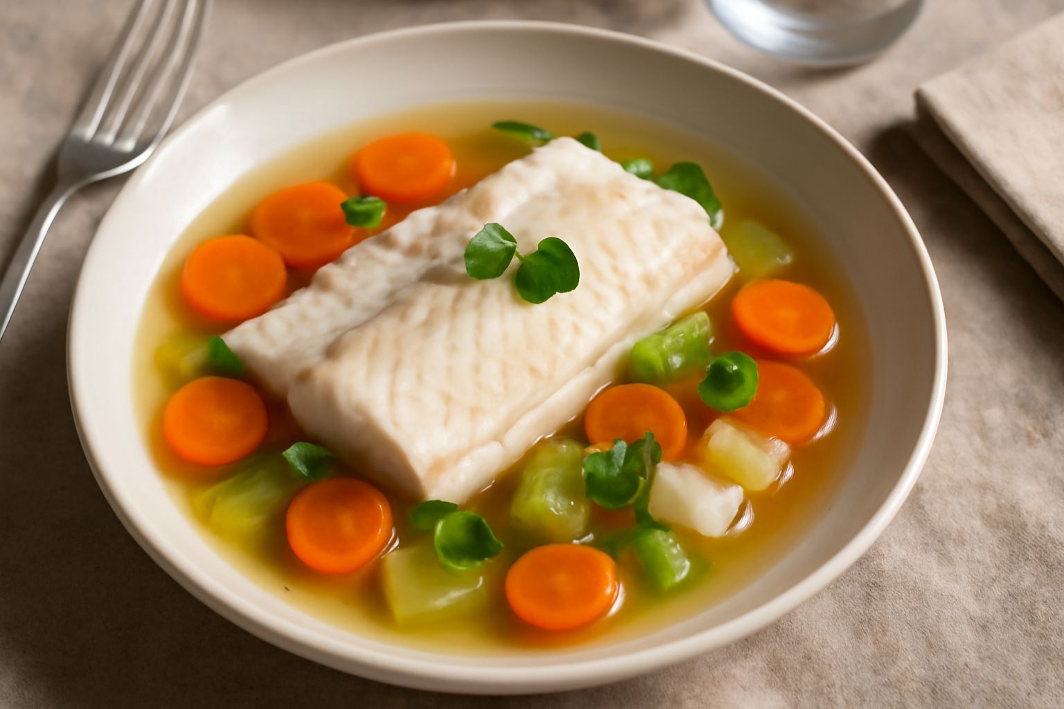 Filetto di luccio bianco in brodo trasparente con carote tagliate a rondelle, sedano e cipolla in un piatto fondo bianco, guarnito con prezzemolo fresco