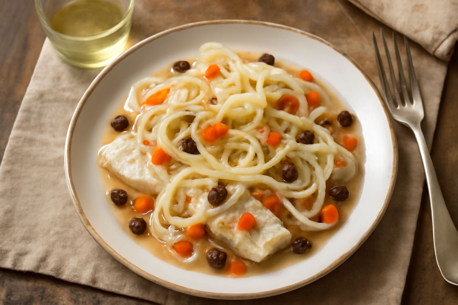 Filetti di luccio dorati in un piatto bianco con cipolla trasparente, carote tagliate a julienne e spezie sparse, coperto da un glosso marinatatura trasparente color ambra