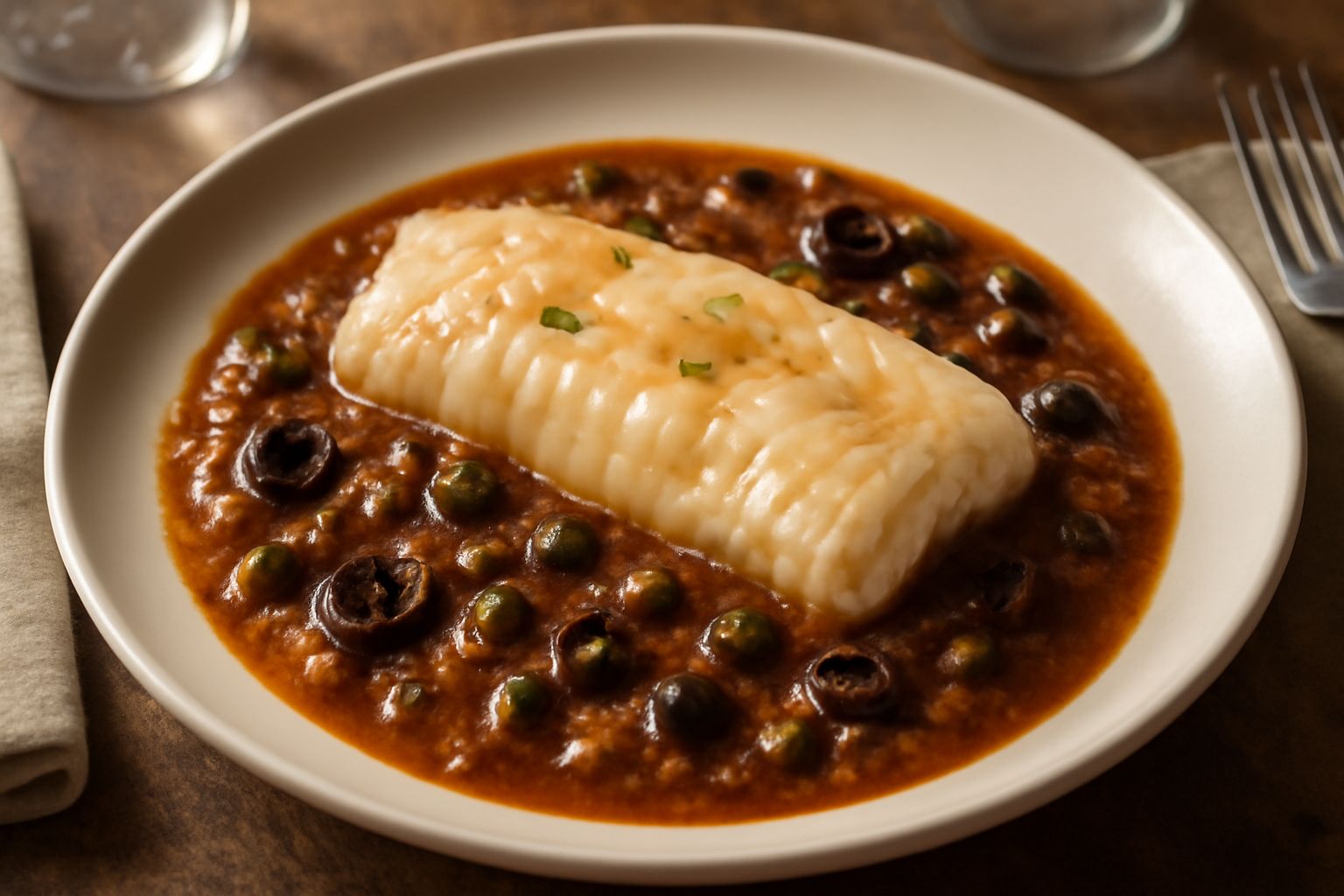 Filetto di luccio impiattato su salsa rosso scuro di pomodoro e capperi, guarnito con olive nere intere, su piatto bianco con contorno di prezzemolo fresco
