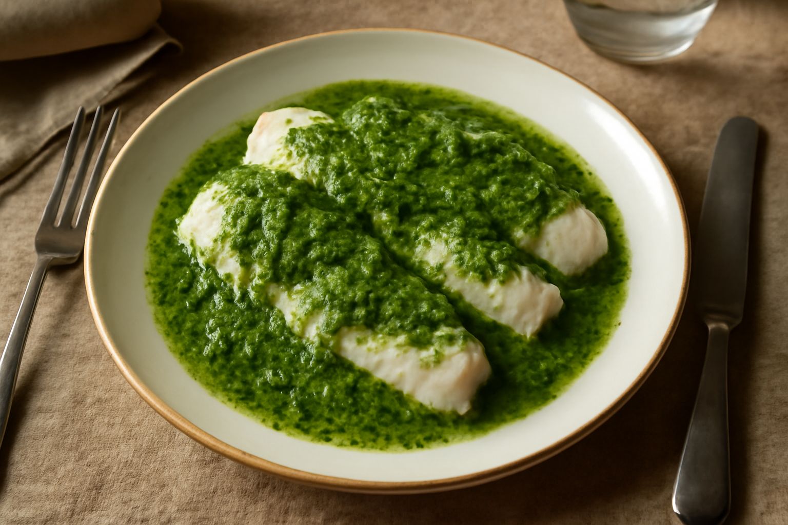 Filetti di luccio biancastri su piatto bianco, ricoperti da salsa verde brillante con petali di prezzemolo fresco, contorno di patate lesse di lato, aspetto fresco e appetitoso