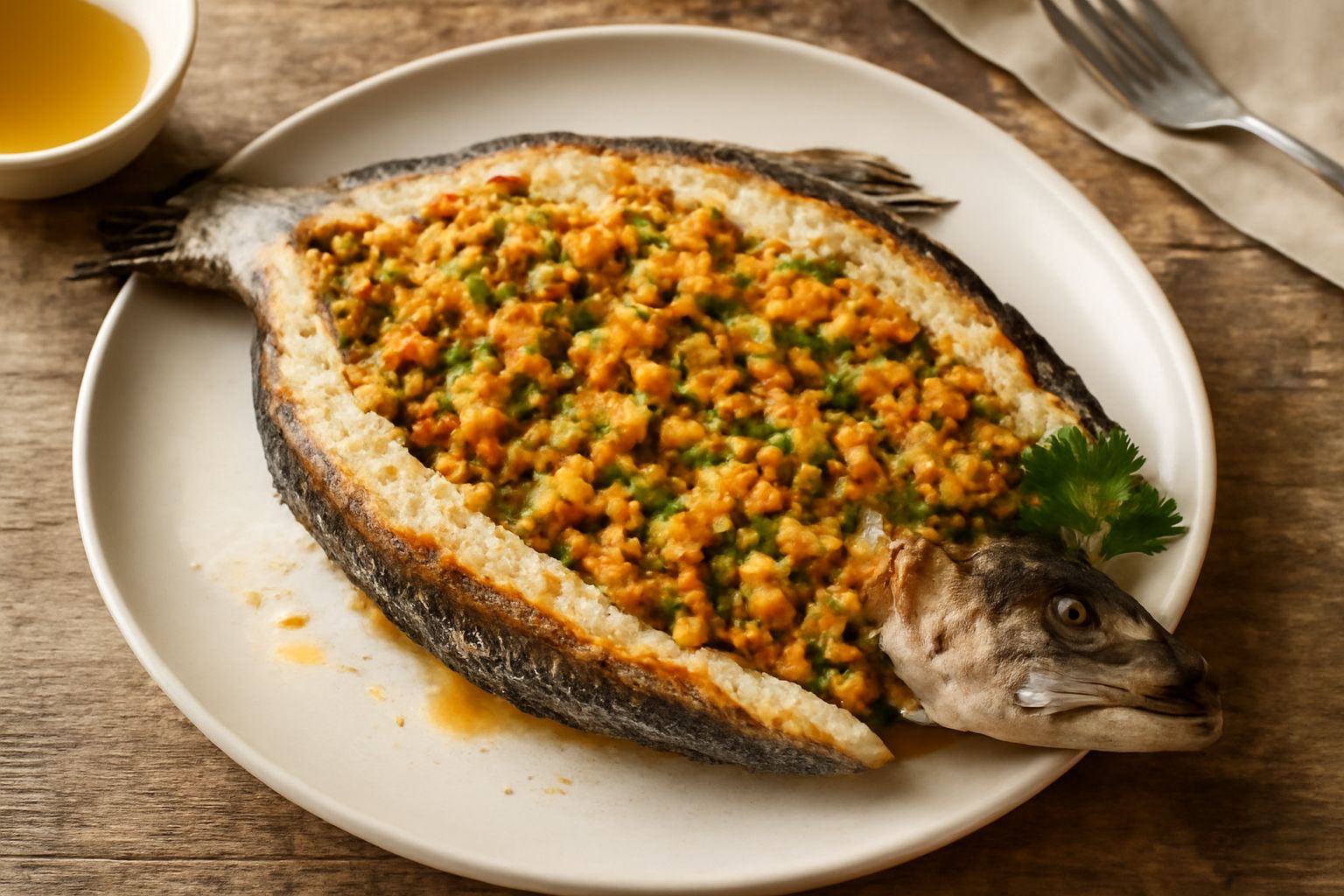 Luccio intero ripieno adagiato su un piatto bianco, aperto a metà per mostrare il ripieno di verdure e pangrattato dorato, guarnito con limone fresco e prezzemolo