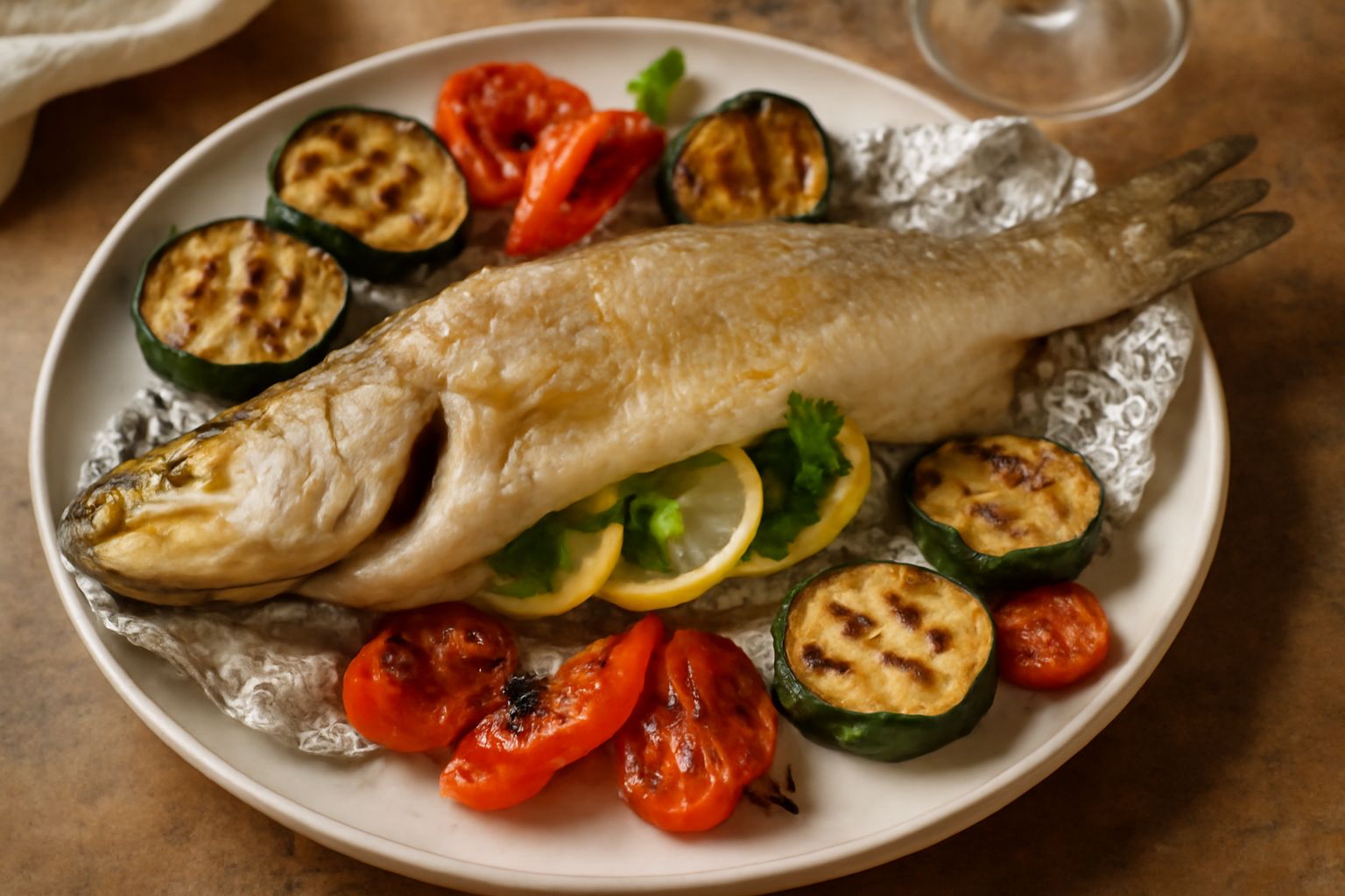 Lucioperca intera al forno in carta stagnola, circondata da fette di limone, rametti di prezzemolo e timo fresco, con contorno di verdure grigliate a dadini