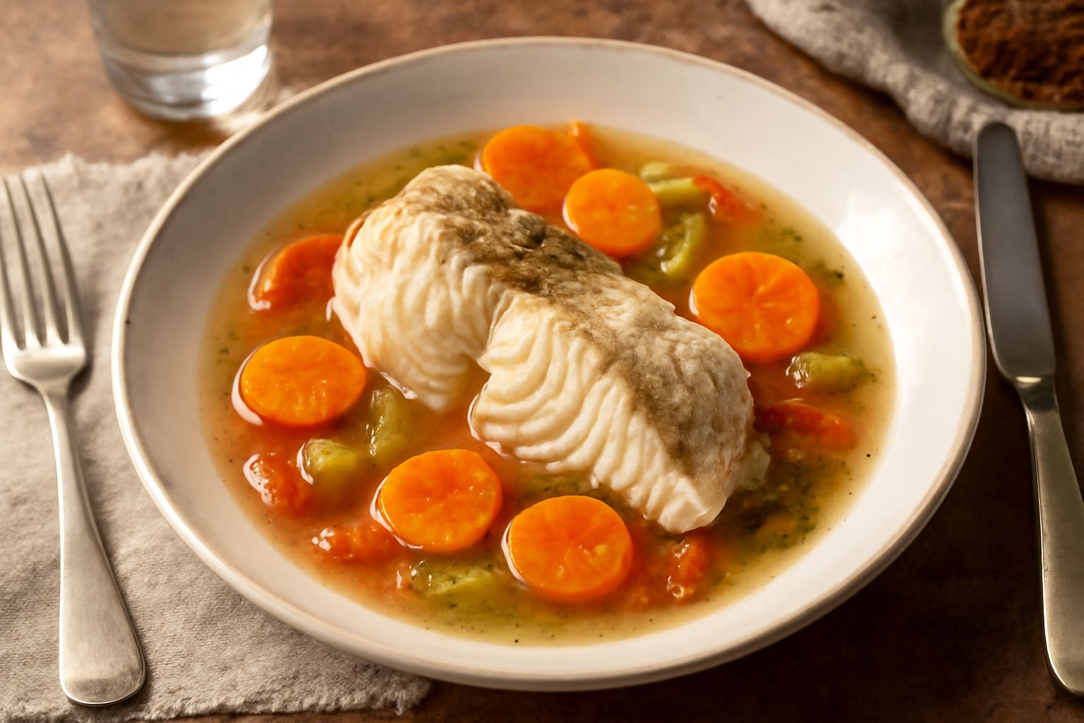 Lucioperca intera cotta in umido in una terrina bianca, circondata da carote tagliate a rondelle, sedano e pomodori, con il brodo trasparente che ricopre il pesce