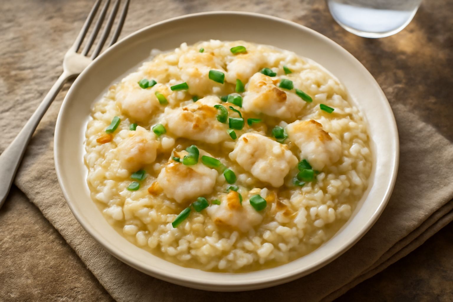 Piatto di risotto cremoso color avorio con piccoli pezzi di pesce persico bianco visibile in superficie, guarnito con prezzemolo fresco verde e un filo di olio d'oliva lucido, servito in piatto bianco