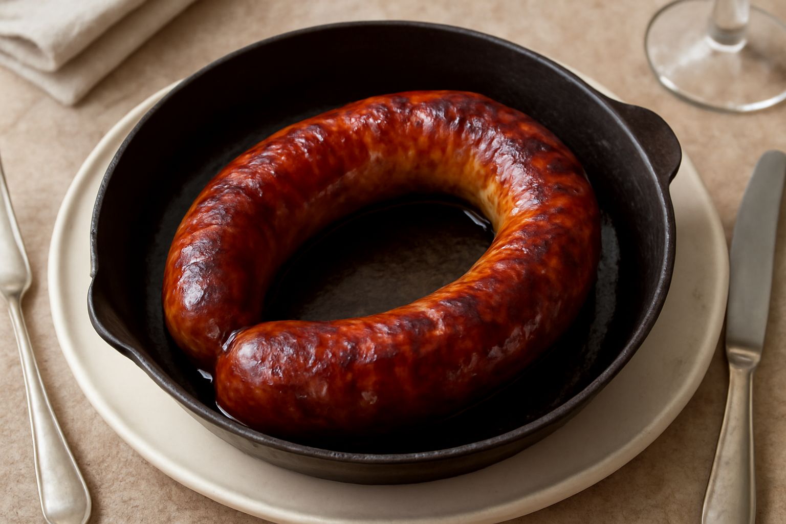 Luganega affumicata dorata e croccante in padella di ferro, con sfumature marroni e buccia leggermente abbrustolita, contorno di cipolla rosso pallido e rosmarino fresco