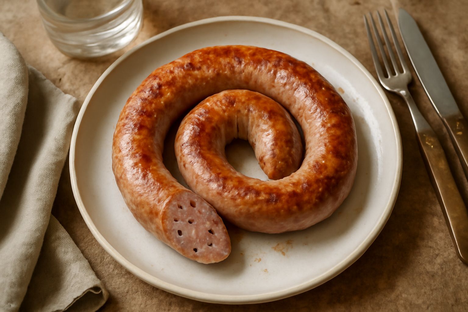 Luganega bresciana cotta al forno, dorata e leggermente arricciata, posata su un piatto bianco con contorno di verdure grigliate e fette di pane tostato