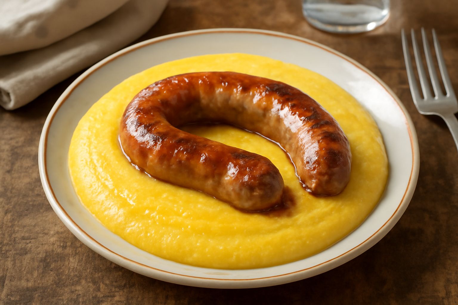 Un piatto bianco con polenta gialla cremosa al centro, su cui è adagiata una luganega dorata e caramellata, decorata con salvia fresca verde e un filo di olio d'oliva