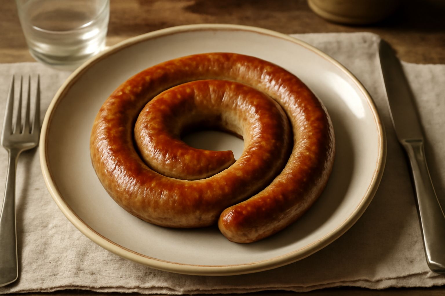Luganega fresca appena cotta in padella, colore marrone dorato uniforme, senza spaccature, servita in un piatto bianco con un filo d'olio e pepe nero