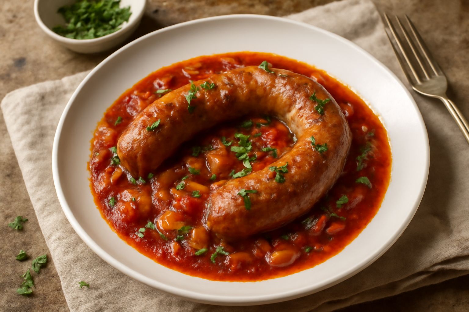 Luganega in umido in piatto bianco, salsiccia bruno-dorata immersa in salsa di pomodoro rosso acceso, cipolle e prezzemolo verde sparse in superficie, contorno di polenta nel piatto